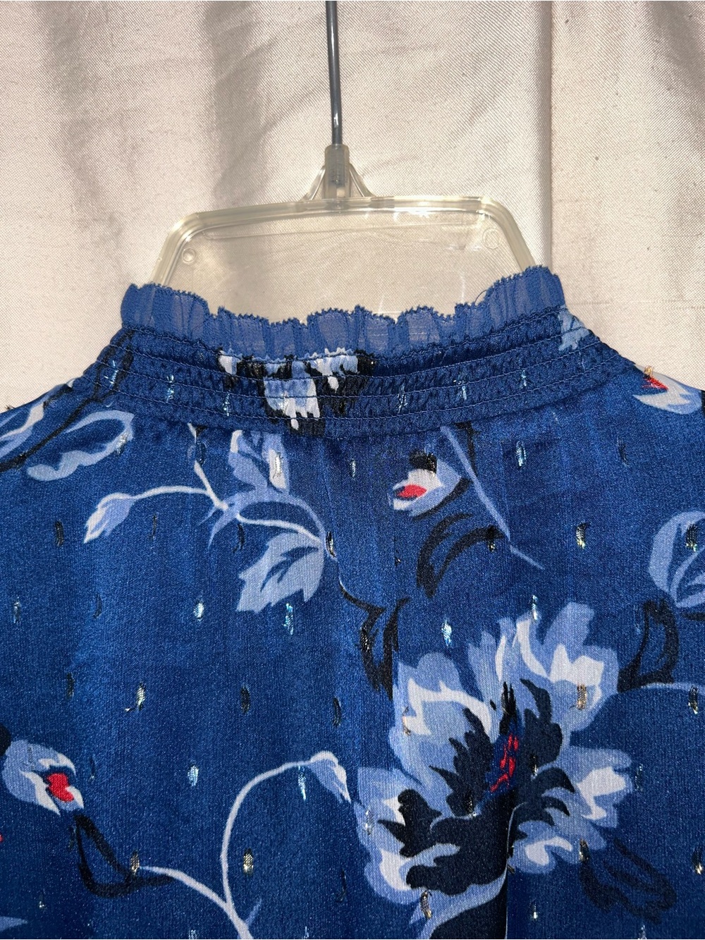 WHBM Blue Ruffle Neck Blouse with Sheer Sleeves - Picture 6 of 17